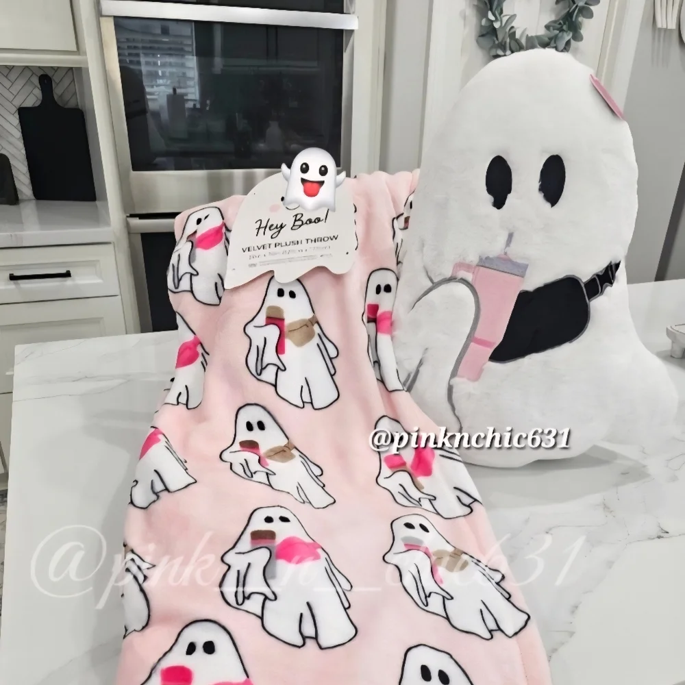 Viral Hey Boo Pink Plush Ghost Blanket And Pillow Stanley Tumbler And Crossbody